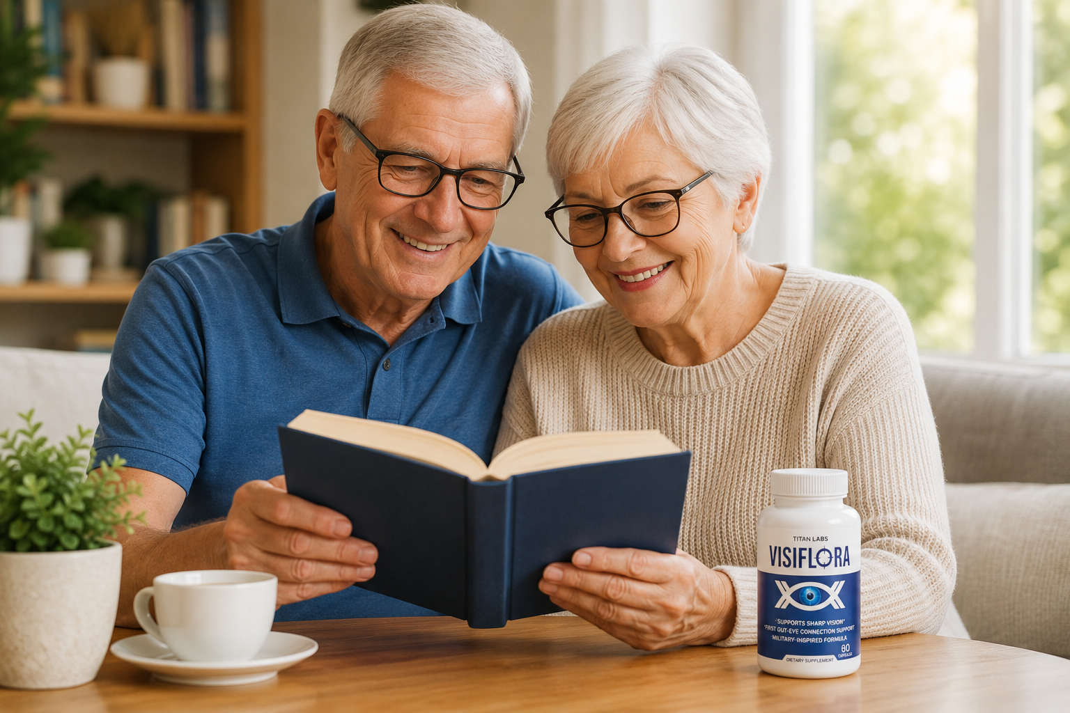 Happy senior couple reading a book together with VisiFlora on the table