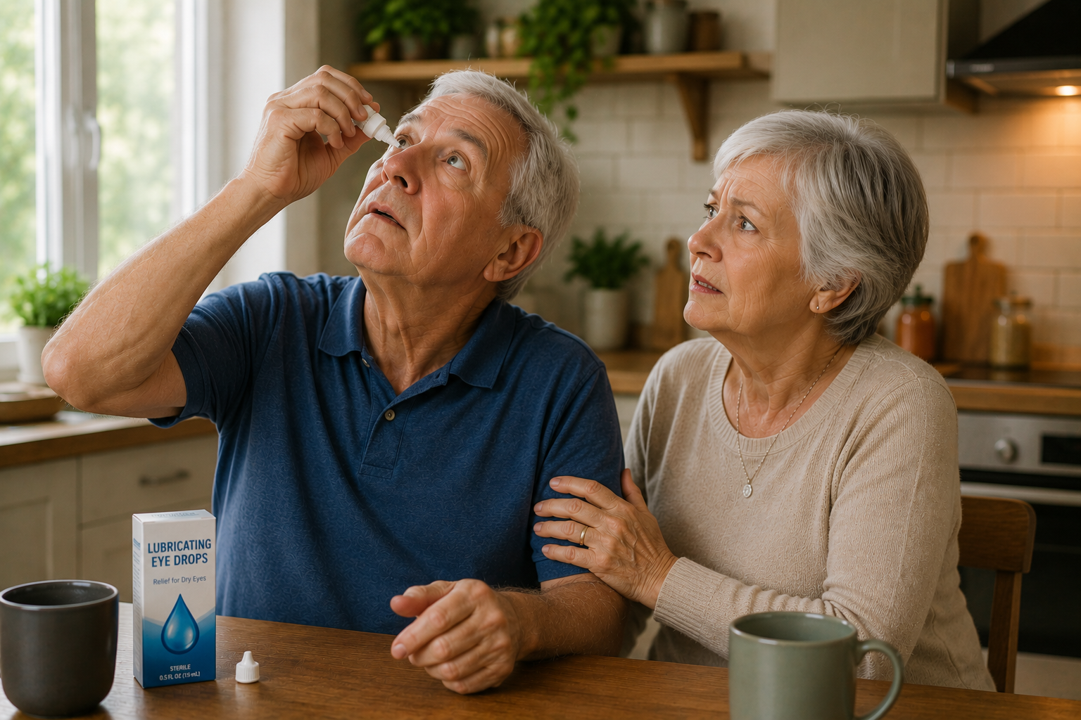 Concerned senior couple using lubricating eye drops at home
